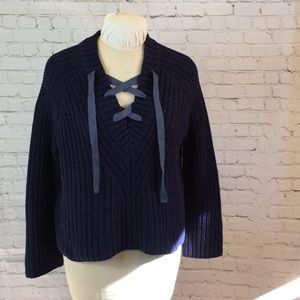 Aerie Navy Blue Bulky Lace-up Ribbon V Neck Pullover Sweater Medium